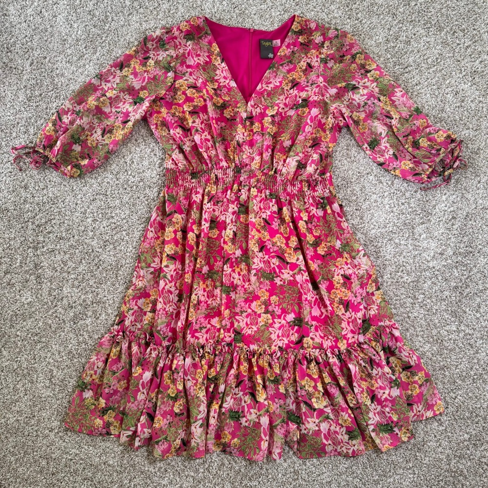 Taylor Womens XL Fuchsia Pink Floral Chiffon Smocked Waist V-Neck Ruffle Dress